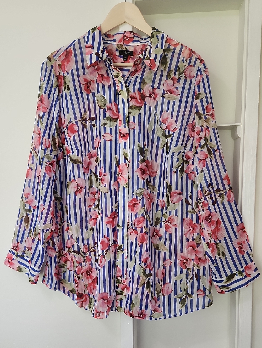 Talbots Striped Floral Long Sleeve Button Down Chiffon Blouse Size 2X